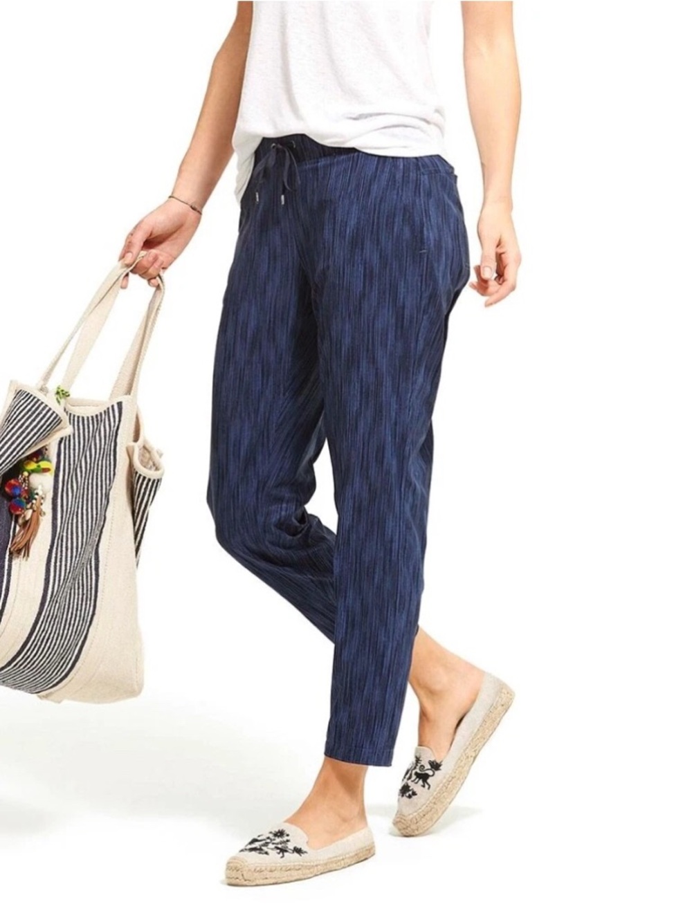 Athleta Stride Midtown Ankle Pant Womens 14 Navy Blue Zip Pockets Elastic Waist